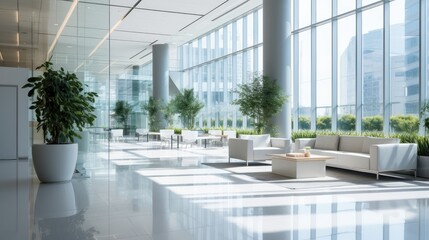 blurred background of a modern office lobby or building entrance, showcasing a white-themed interior, glass walls, and a reception area - obrazy, fototapety, plakaty