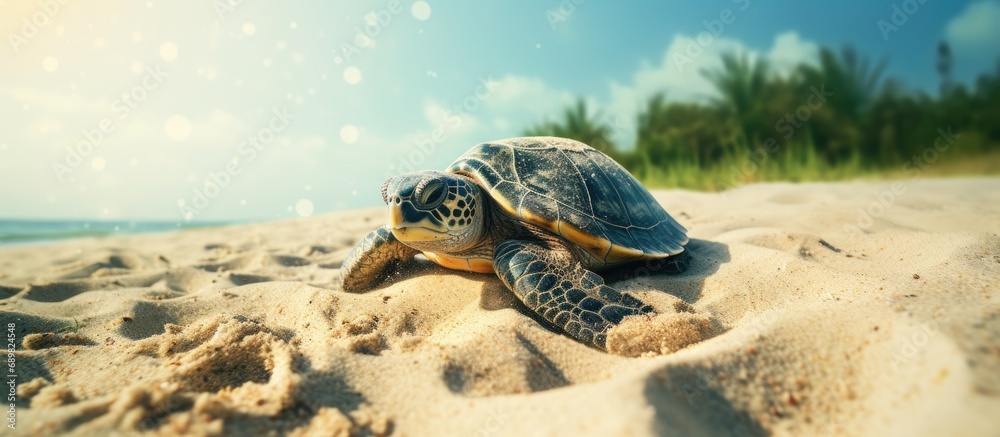 Poster detail of the exact moment in which a female of green turtle chelonia mydas burying many freshly lai