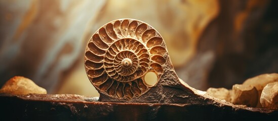 an ancient ammonite fossil on a shelf in the Paleontological museum. Copyspace image. Square banner. Header for website template