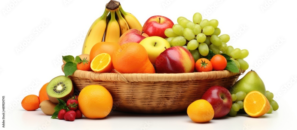 Poster Assortment of fruits in basket isolated on white. Copyspace image. Square banner. Header for website template