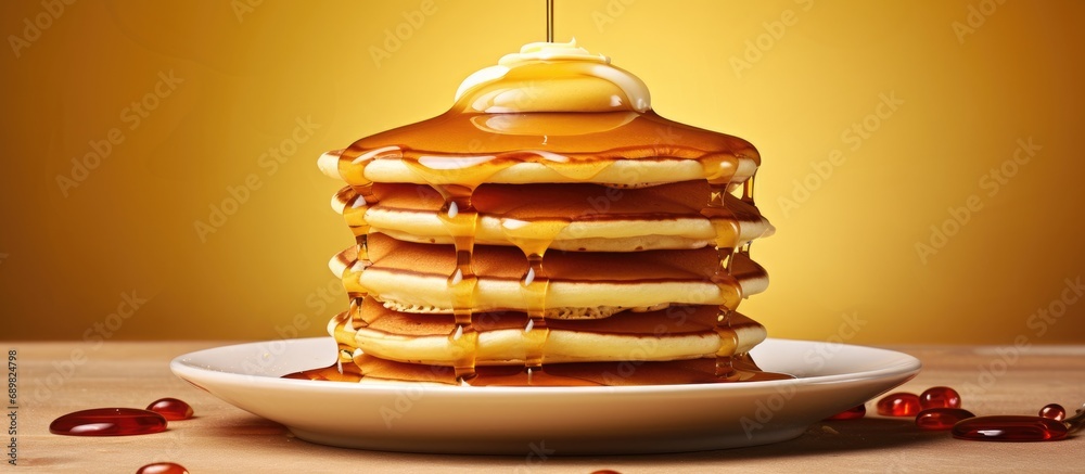 Aufkleber delicious pancakes in a stack with melting butter and maple syrup. Copyspace image. Square banner. Header for website template