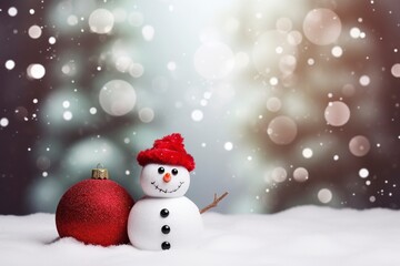 Christmas card design with snowman and fir tree with red Christmas balls, copy space with generative ai