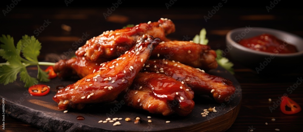 Aufkleber baked barbecue chicken wings with white sesame. Copyspace image. Square banner. Header for website template