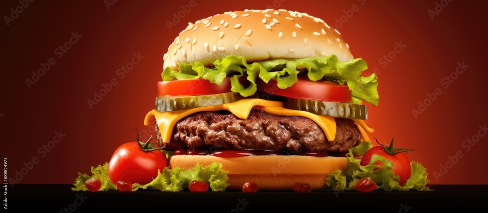 Poster cheddar cheeseburger with tomato and lettuce. copyspace image. square banner. header for website tem