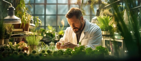 Naklejka na ściany i meble Botanist scientist man in white lab coat working on experimental plant plots male biological researcher shoveling doing science experiment with plant in greenhouses Biology and Agricultural Sci