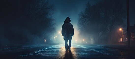 A lone hooded man standing in the middle of a foggy road at night with a grunge vintage duo tone edit. Copyspace image. Square banner. Header for website template