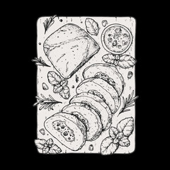 Meatloaf on cutting board over wooden background. Hand drawn sketch. Vector illustration. Top view.