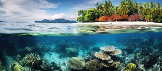 A variety of corals grow in shallow water in the Solomon Islands This is the easternmost part of the Coral Triangle and harbors extraordinary marine biodiversity. Copyspace image. Square banner