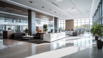 blurred background of a modern office lobby or building entrance, showcasing a white-themed interior, glass walls, and a reception area