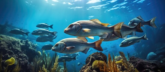 Australasian snappers Pagrus auratus among stalked kelp Ecklonia radiata covering rocky reef. Copyspace image. Square banner. Header for website template