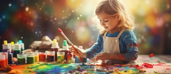 Child applying leaves using glue scissors and paint while doing arts and crafts at home or at school. Copyspace image. Square banner. Header for website template