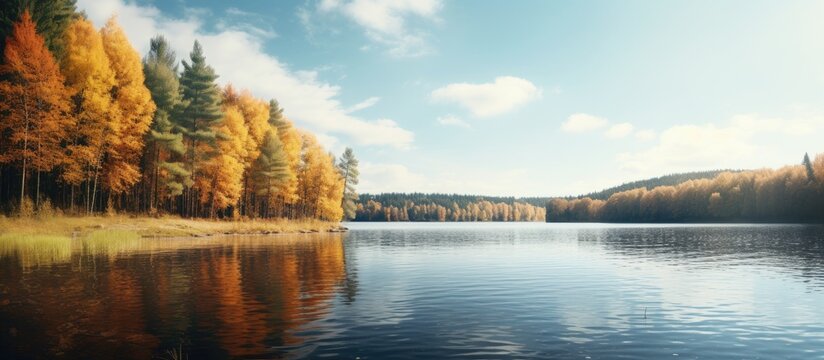 Autumn forest around a mountain lake Mountain lake in autumn forest Autumn lake in mountain forest Autumn lake landscape. Copyspace image. Square banner. Header for website template
