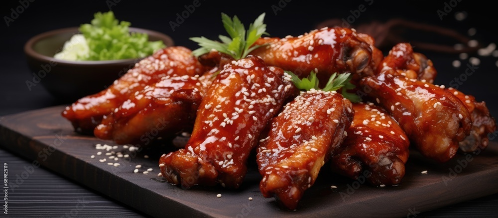 Aufkleber baked barbecue chicken wings with white sesame. Copyspace image. Square banner. Header for website template