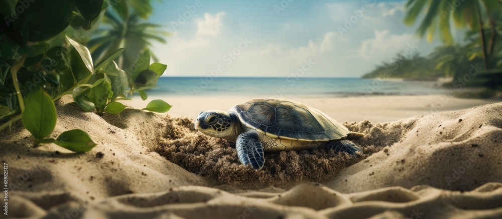 Poster detail of the exact moment in which a female of green turtle chelonia mydas burying many freshly lai