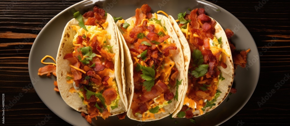 Poster Breakfast tacos with hashbrowns scrambled eggs and bacon topped with cheese and green onion overhead shot. Copyspace image. Square banner. Header for website template