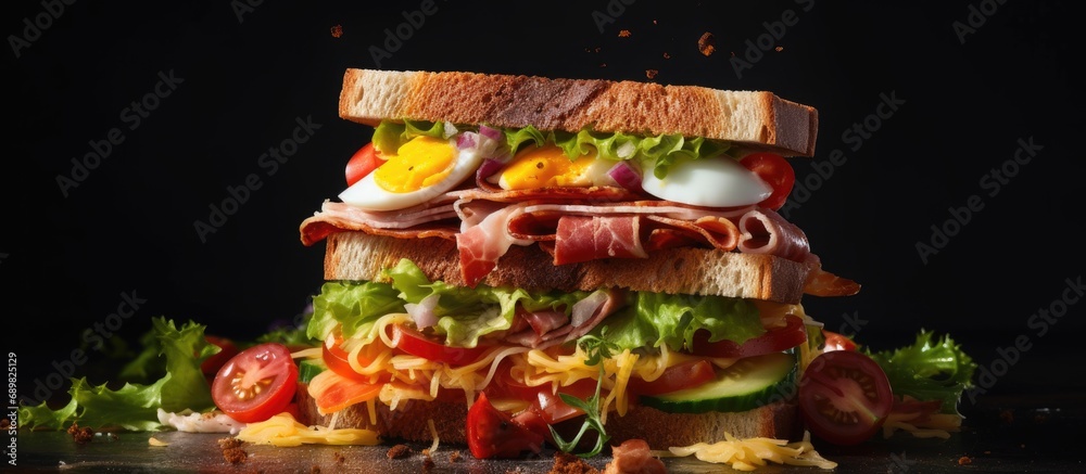 Poster club sandwich with cheese cucumber tomato ham and eggs. copyspace image. square banner. header for w