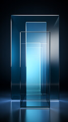 abstract dark blue 3d background with neon glowing light with glass walls