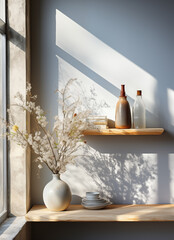 branches plant flowers in vase on a shelf with window
