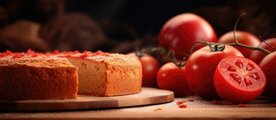Apple cake pieces red dough made with tomato paste side view close up. Copyspace image. Square banner. Header for website template - obrazy, fototapety, plakaty