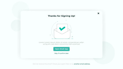 Thanks, Popup screen for login, sign up web forms with the detailed description. Vector design. Pop up with buttons and inputs.