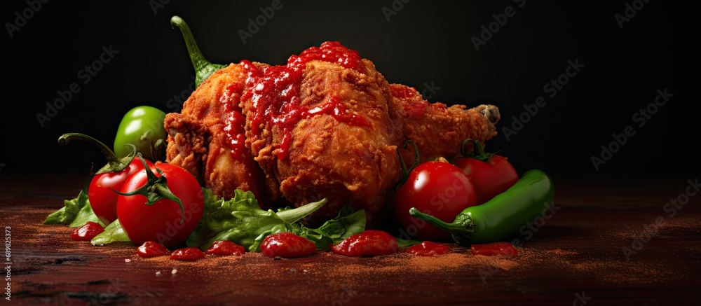 Aufkleber a shot deep red fried chicken with a sprinkle of slices of tomato and green pepper. copyspace image.