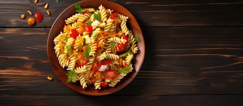 Bowl of fusili pasta salad with fresh vegetables. Copyspace image. Square banner. Header for website template