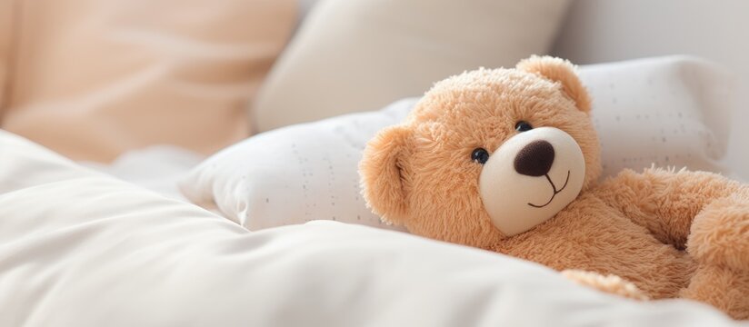 An adorable teddy bear laying in bed under the sheets. Copyspace image. Square banner. Header for website template