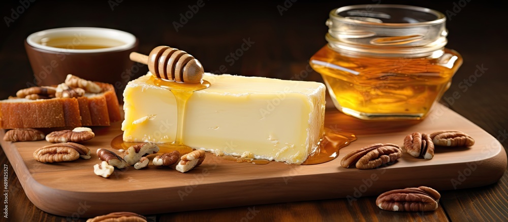 Poster butter board food trend butter spread on wooden board with sweet toppings of honey and pecans. copys