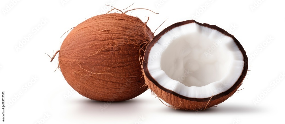 Leinwandbilder coconut with half and leaves on white background. copyspace image. square banner. header for website