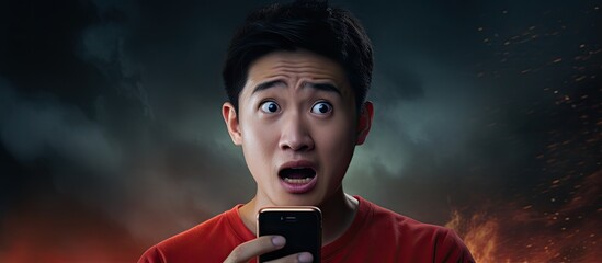 amazed reaction of asian man while looking phone. Copyspace image. Square banner. Header for website template - Powered by Adobe