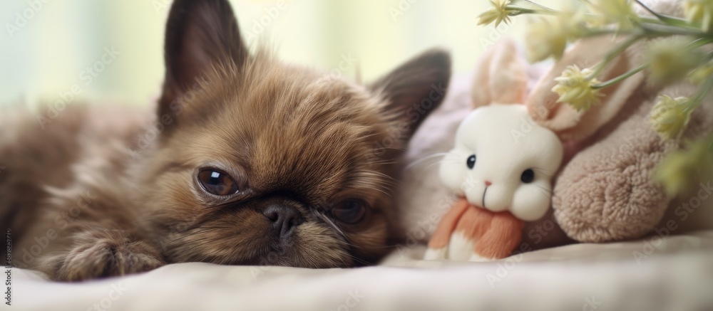 Poster cute dog sleeps in bed with a fluffy toy hare top view brussels griffon resting at home in a clean w