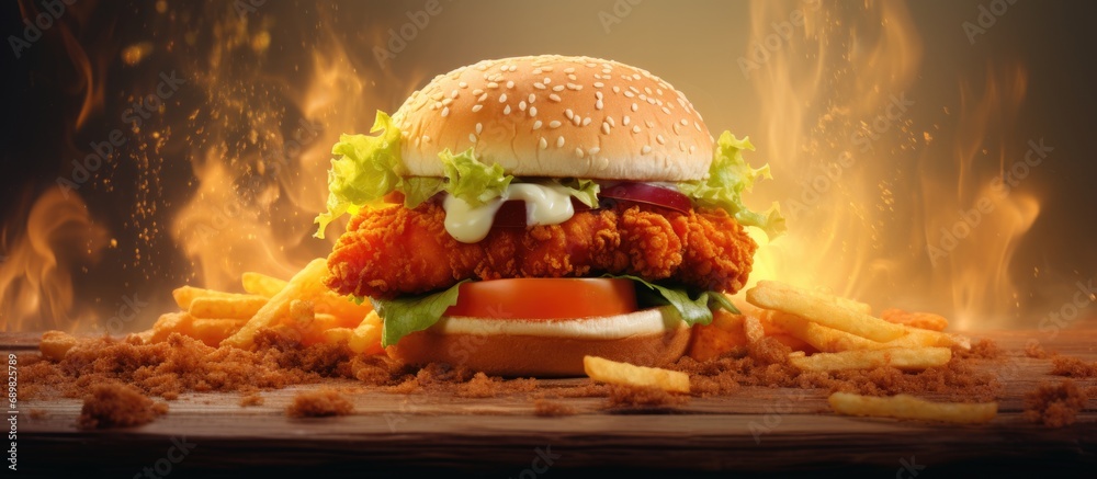 Poster chicken crispy chicken fried chicken burger crispy chicken burger cheeseburger takeaway. copyspace i