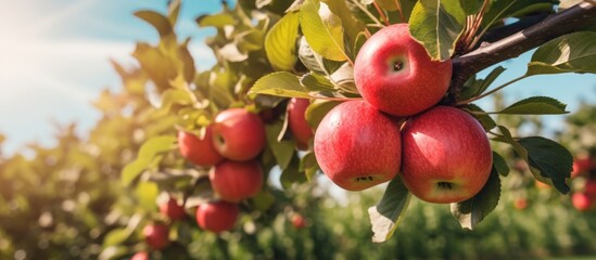 Apple trees in the garden with ripe red apples ready for harvest. Copyspace image. Square banner. Header for website template - Powered by Adobe