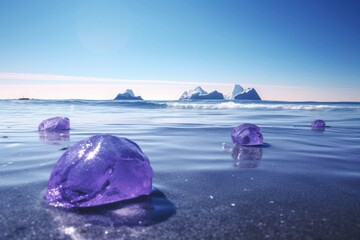 Floating glacial purple ice. Oceanic maritime buoyant glacial ice fragments. Generate ai