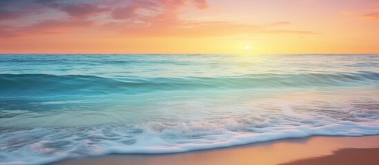 Closeup sea sand waves Panoramic beach landscape Inspire tropical beach seascape horizon Orange and...