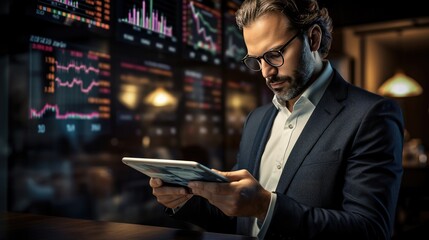a businessman immersed in financial analysis on a tablet, showcasing the power of technology in interpreting stock market indicators.