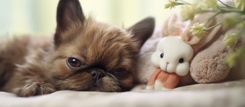 Cute dog sleeps in bed with a fluffy toy hare top view Brussels griffon resting at home in a clean white bedroom High quality photo. Copyspace image. Square banner. Header for website template