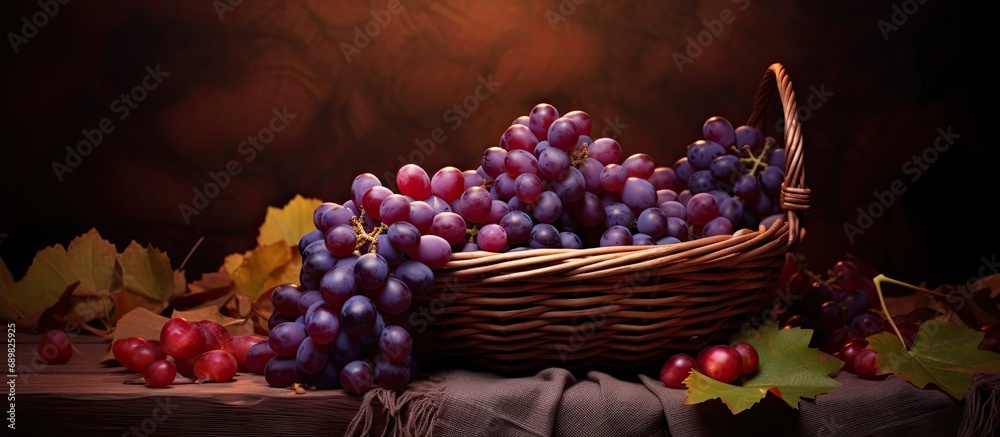 Aufkleber bunches of white and pink grapes in a wicker basket. copyspace image. square banner. header for webs