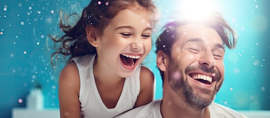 Creative father Charming teenager laughing at funny situation spending time with her daddy. Copyspace image. Square banner. Header for website template - Powered by Adobe