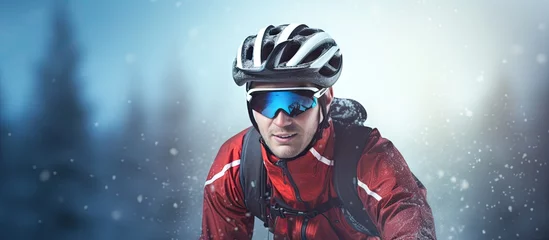 Foto op Plexiglas A man in a blue and red jacket rides a bicycle in winter. Copyspace image. Square banner. Header for website template © vxnaghiyev