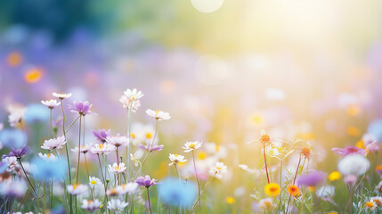 Springtime: Blurred Background with Wildflowers and Lush Greenery