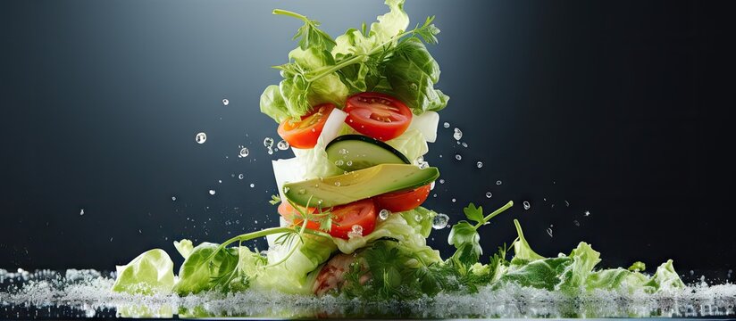 A deconstructed salad roll stacked salad served with sparkling water. Copyspace image. Square banner. Header for website template