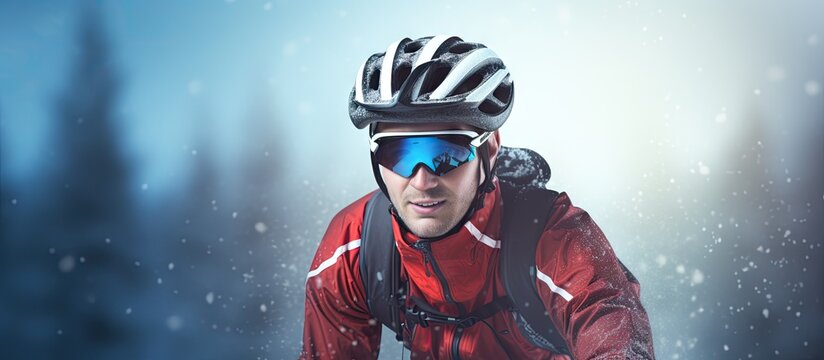 A man in a blue and red jacket rides a bicycle in winter. Copyspace image. Square banner. Header for website template