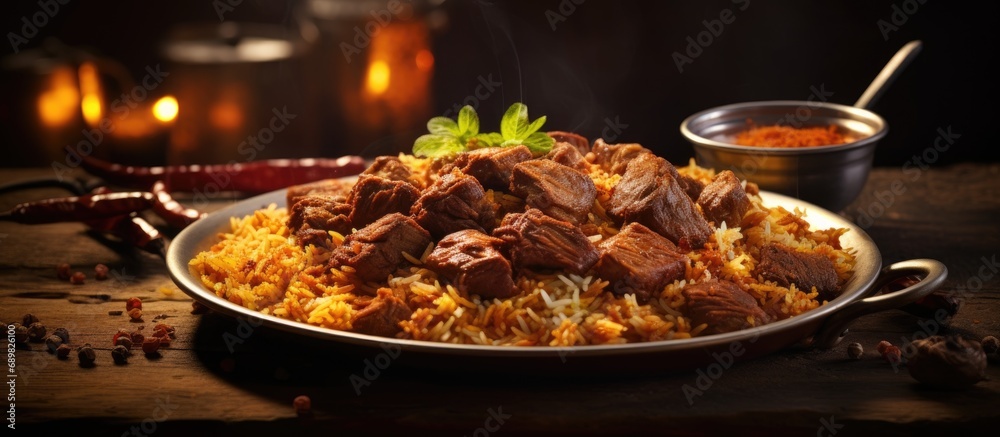 Aufkleber delicious and spicy beef biryani and kabab. copyspace image. square banner. header for website templ