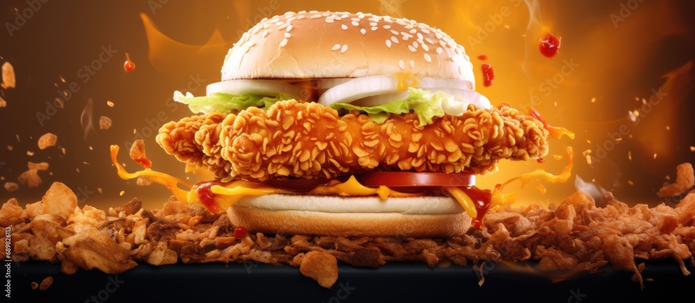 Poster chicken crispy chicken fried chicken burger crispy chicken burger cheeseburger takeaway. copyspace i