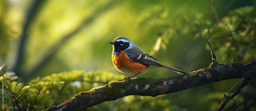 Poster Cute fluffy male Daurian Redstart in forest. Copyspace image. Square banner. Header for website template