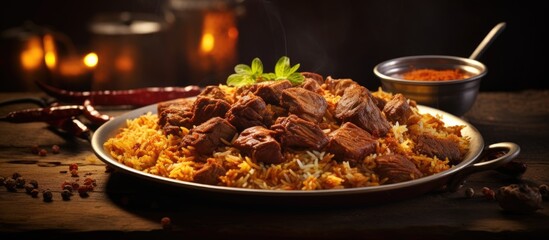 Delicious and Spicy Beef Biryani and Kabab. Copyspace image. Square banner. Header for website template - obrazy, fototapety, plakaty