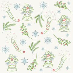 Seamless pattern with christmas elements.Christmas bells, snowflakes, pine branches, fireworks. Vector illustration on warm white background. For holiday decor,wrapping paper,textile.