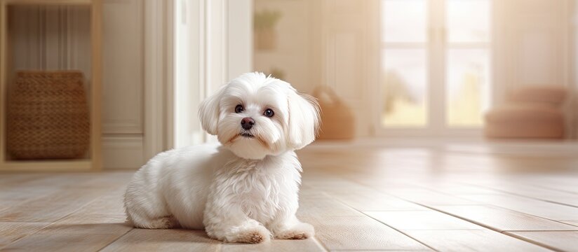 A cute little fluffy Maltese dog is lying on the floor in the hallway and looking away Copy space. Copyspace image. Square banner. Header for website template