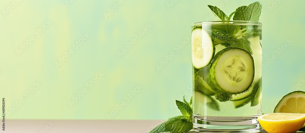 Leinwandbilder cucumber infused detox water in a glass with ice homemade flavored lemonade fresh cucumber lemonade 